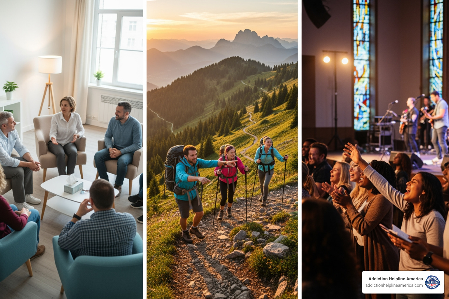 A collage showing different activities in rehab including a group therapy session, an outdoor recreational activity like hiking, and a worship service with people singing. - christian addiction rehab A collage showing different activities in rehab including a group therapy session, an outdoor recreational activity like hiking, and a worship service with people singing. - christian addiction rehab