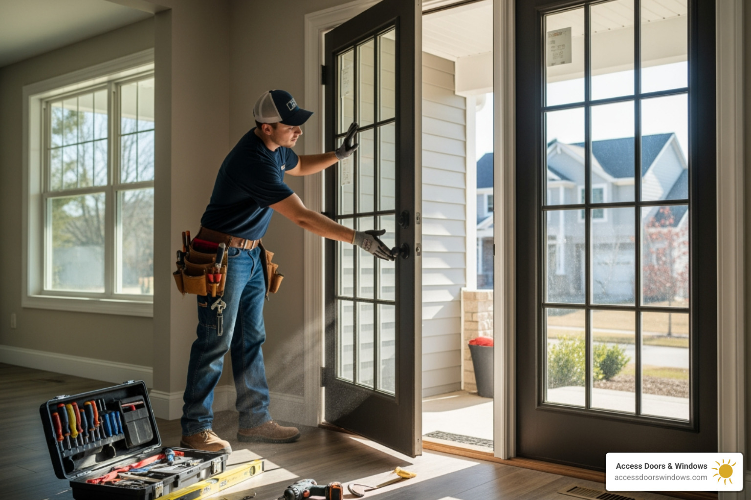 Professional installer carefully fitting an impact French door - Impact French doors