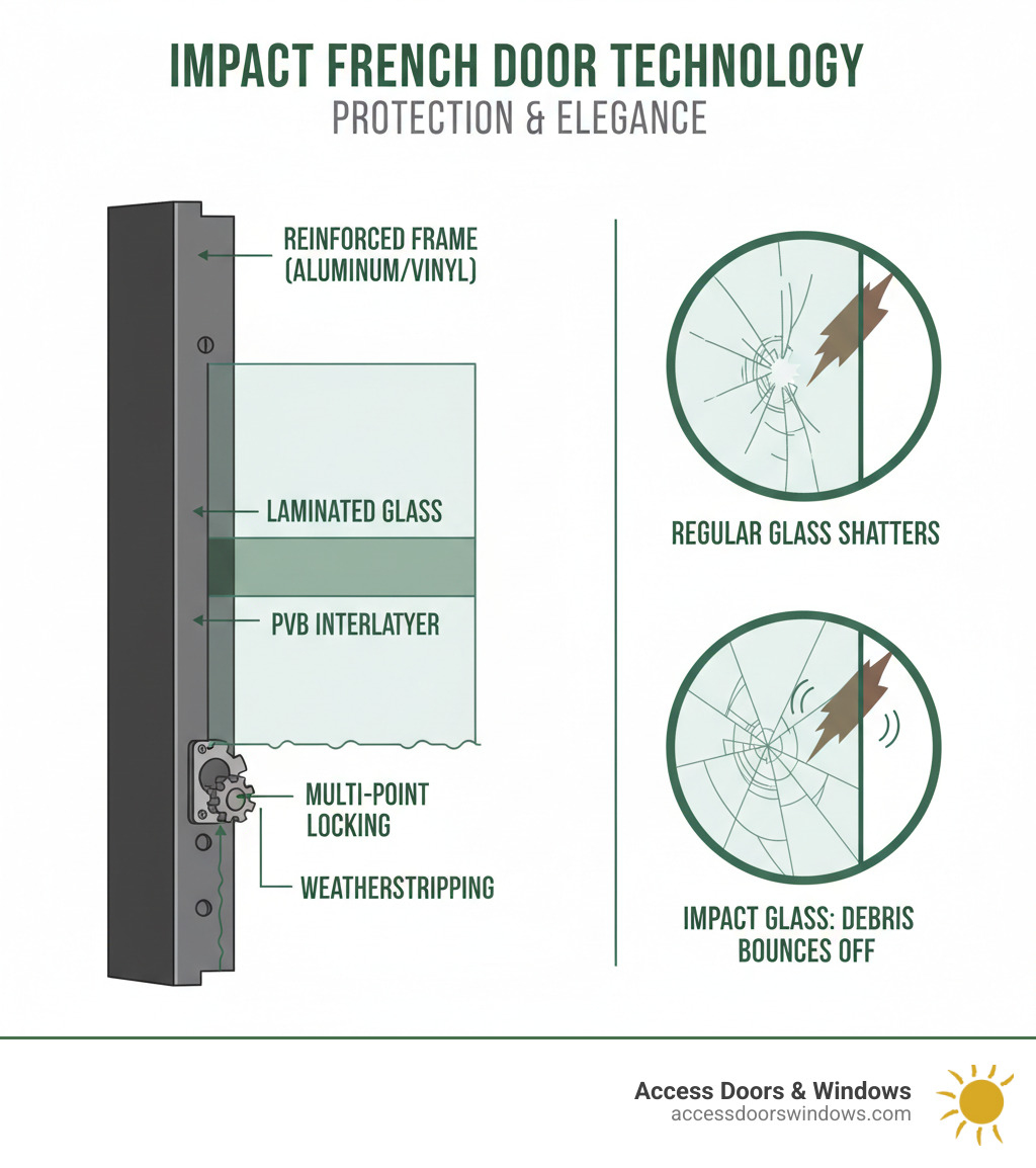 Infographic showing cross-section of impact French door construction with laminated glass layers, PVB interlayer, reinforced aluminum or vinyl frame, multi-point locking mechanism, and weatherstripping. Includes comparison of how debris bounces off impact glass versus shattering regular glass. - Impact French doors infographic 