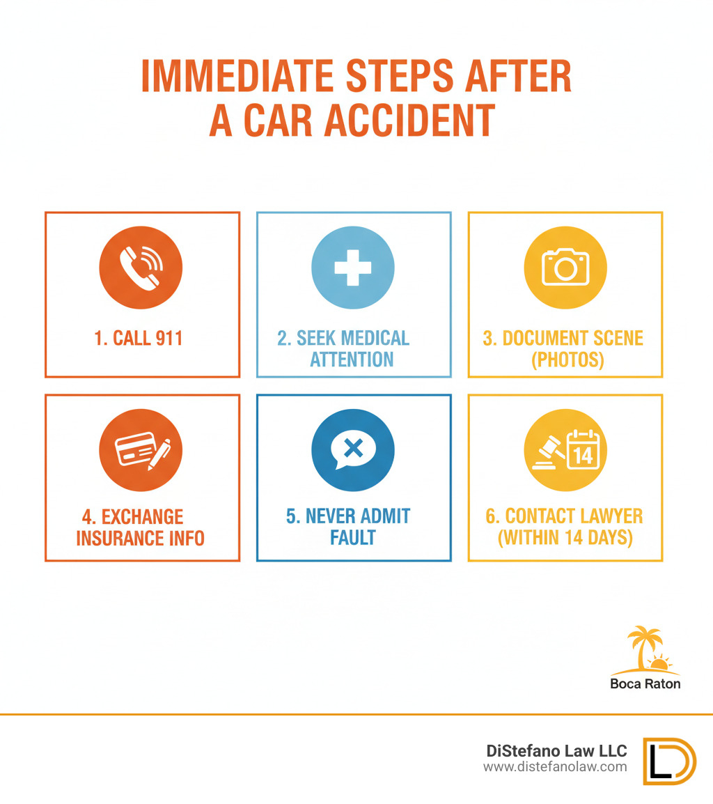 infographic showing immediate steps after a car accident: call 911, seek medical attention, document the scene with photos, exchange insurance information, never admit fault, contact an experienced car accident lawyer within 14 days to preserve your rights - car accident lawyers in boca raton infographic 