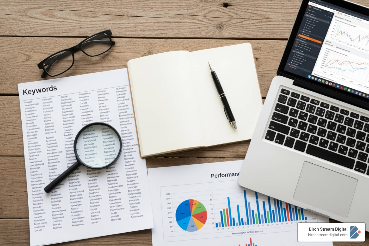 Various components of PPC management laid out on a table: a magnifying glass over keywords, a notepad with ad copy ideas, a computer screen showing bid management, and a chart illustrating analytics., ppc management firm