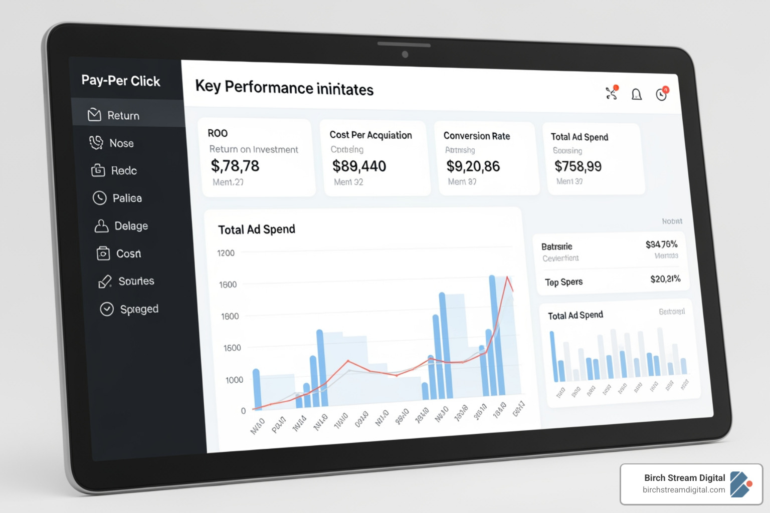 A dashboard displaying key performance indicators for a PPC campaign, including Return on Investment (ROI), Cost Per Acquisition (CPA), Conversion Rate, and total ad spend, with clear, easy-to-read graphs and numbers, ppc management firm