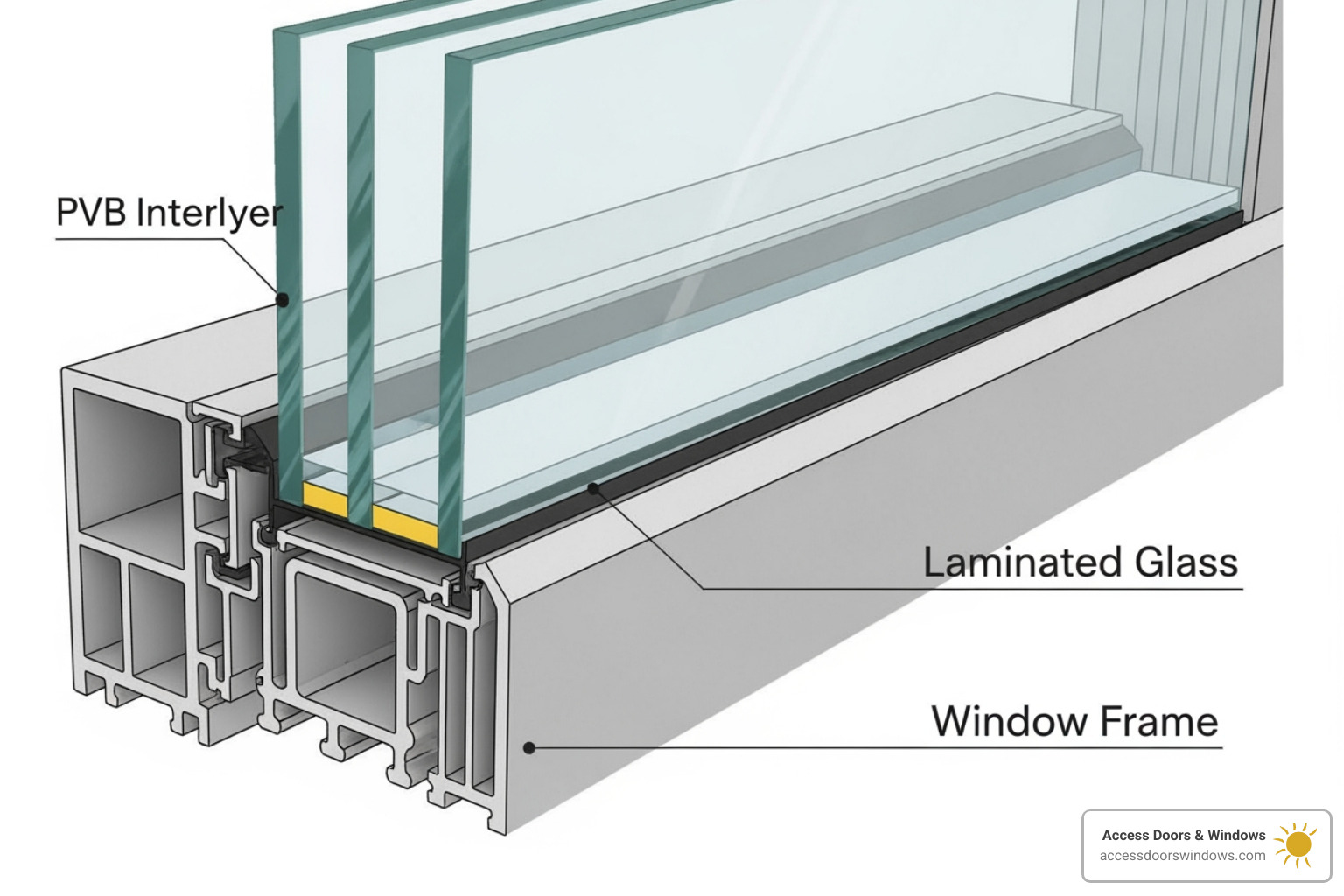Cross-section of an impact window, highlighting the laminated glass and PVB interlayer - impact window installation in broward county