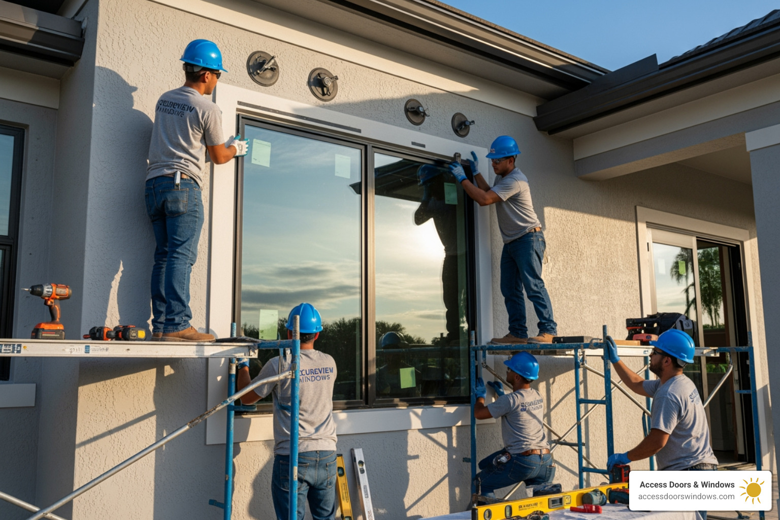 Installation team carefully fitting a large impact window into a modern home - impact window installation in broward county