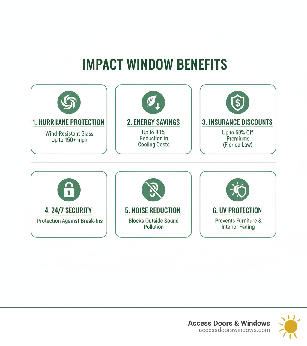 Infographic showing six key benefits of impact windows: 1. Hurricane protection with wind-resistant glass up to 150+ mph, 2. Energy savings up to 30% reduction in cooling costs, 3. Insurance discounts up to 50% off premiums under Florida law, 4. 24/7 security protection against break-ins, 5. Noise reduction blocking outside sound pollution, 6. UV protection preventing furniture and interior fading - impact window installation in broward county infographic 