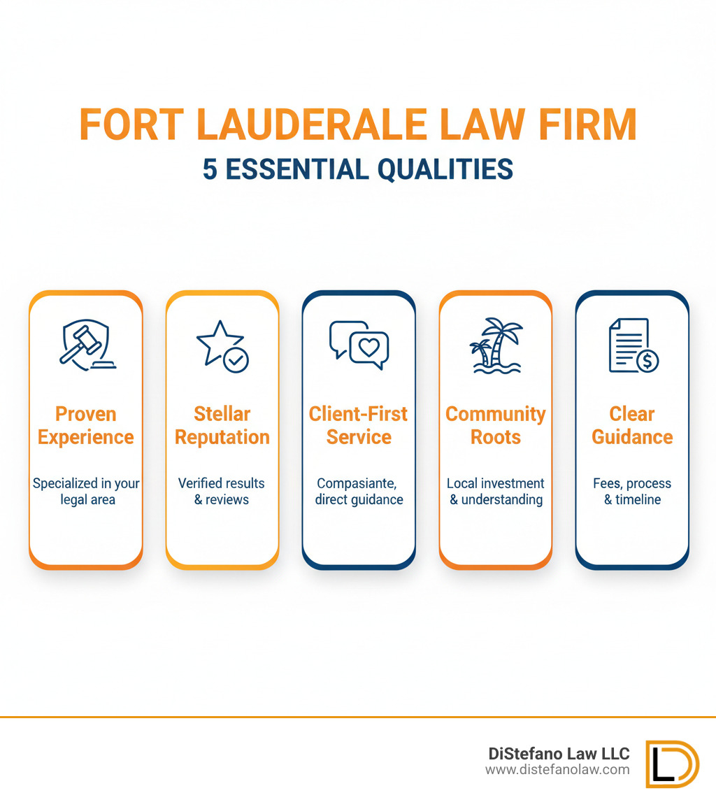 Infographic showing 5 key qualities to look for when choosing the best law firm in Fort Lauderdale: proven experience in your legal area, stellar reputation with verified results, personalized and compassionate client service, deep community investment, and clear actionable guidance on fees and process - The Best Law Firm in Fort Lauderdale infographic 