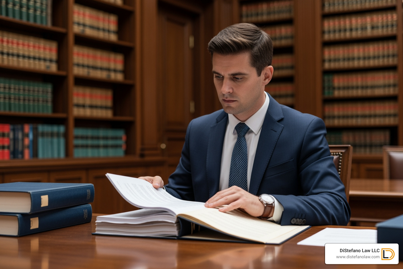 DiStefano Law LLC attorney in a library reviewing a case file - The Best Law Firm in Fort Lauderdale