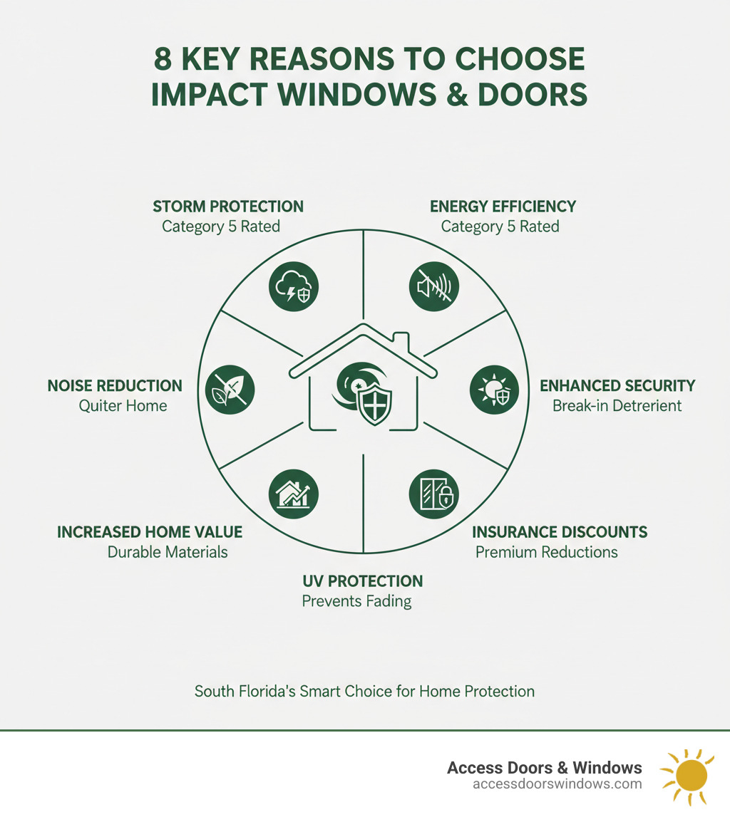 Infographic showing 8 key reasons to choose impact windows and doors: 1. Storm Protection (Category 5 rated), 2. Energy Efficiency (lower bills), 3. Noise Reduction (quieter home), 4. Enhanced Security (break-in deterrent), 5. UV Protection (prevents fading), 6. Insurance Discounts (premium reductions), 7. Increased Home Value (better resale), 8. Low Maintenance (durable materials) - Why Choose Access Doors & Windows in South Florida? infographic 