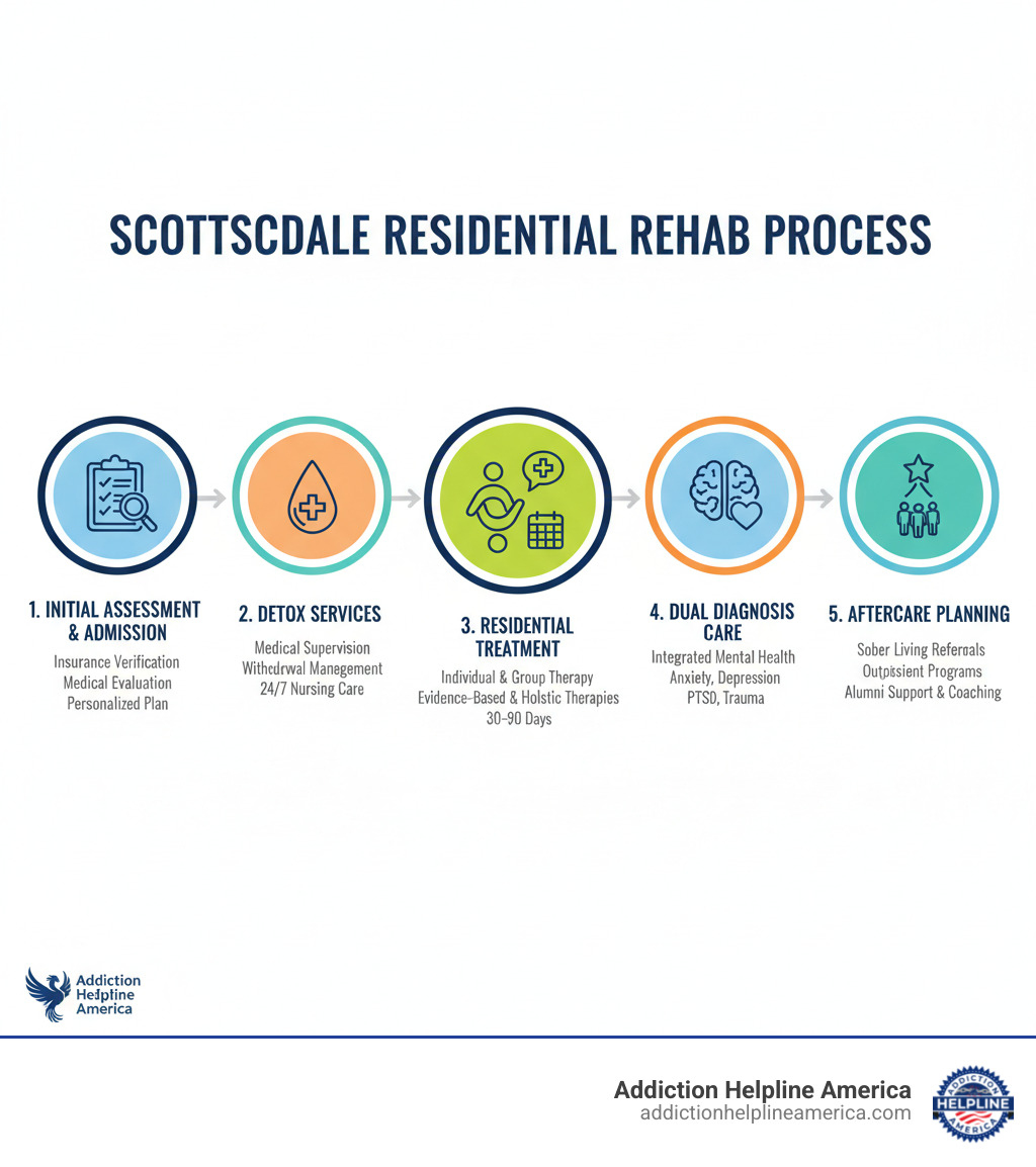 Infographic showing the residential rehab process in Scottsdale: 1) Initial Assessment & Admission (insurance verification, medical evaluation, personalized treatment plan), 2) Detox Services (medical supervision, withdrawal management, 24/7 nursing care), 3) Residential Treatment (individual therapy, group counseling, evidence-based and holistic therapies, 30-90 days), 4) Dual Diagnosis Care (integrated mental health treatment for anxiety, depression, PTSD, trauma), 5) Aftercare Planning (sober living referrals, outpatient programs, alumni support, recovery coaching) - residential rehab Scottsdale infographic Infographic showing the residential rehab process in Scottsdale: 1) Initial Assessment & Admission (insurance verification, medical evaluation, personalized treatment plan), 2) Detox Services (medical supervision, withdrawal management, 24/7 nursing care), 3) Residential Treatment (individual therapy, group counseling, evidence-based and holistic therapies, 30-90 days), 4) Dual Diagnosis Care (integrated mental health treatment for anxiety, depression, PTSD, trauma), 5) Aftercare Planning (sober living referrals, outpatient programs, alumni support, recovery coaching) - residential rehab Scottsdale infographic