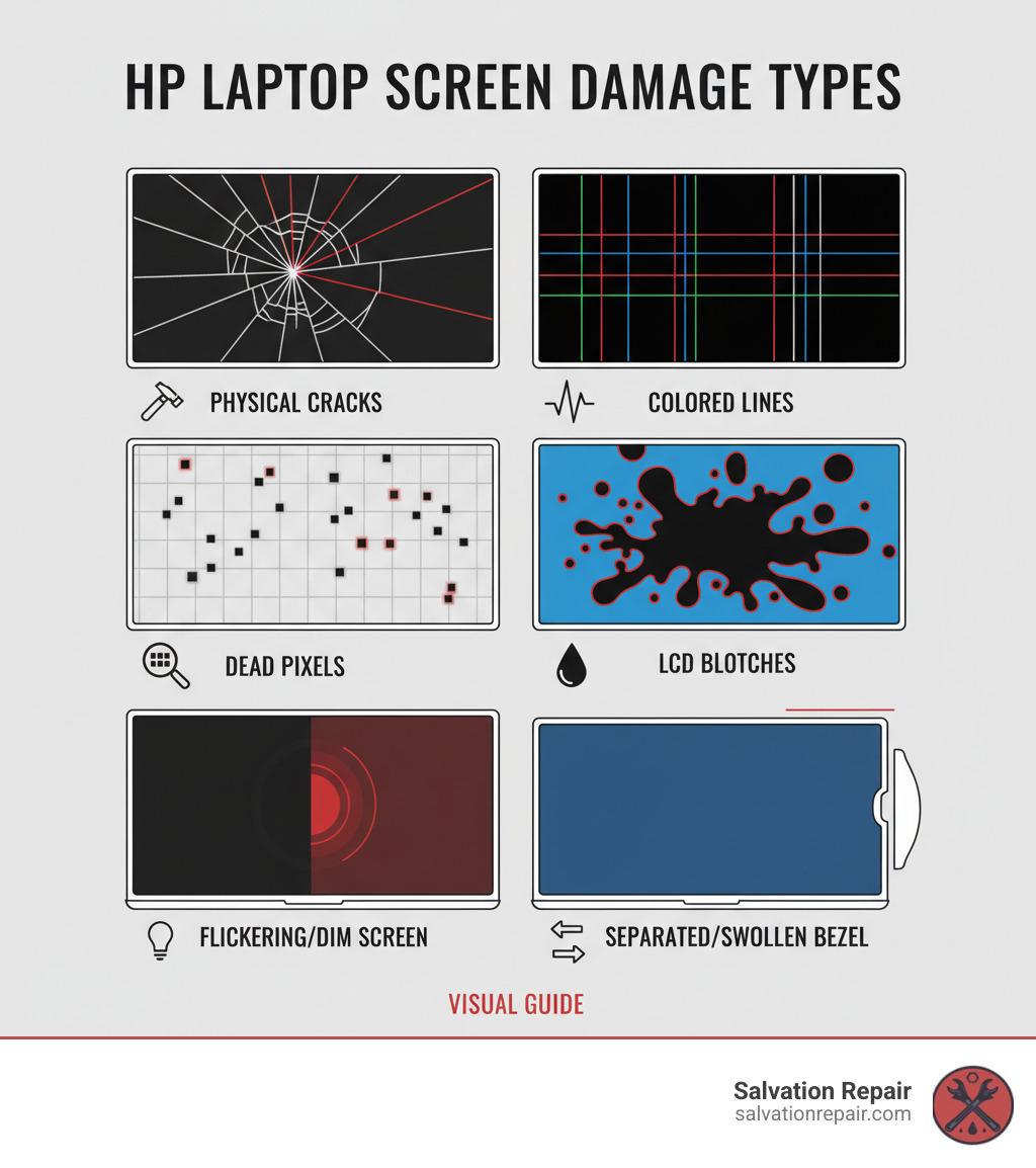Infographic showing HP laptop screen damage types: physical cracks with spiderweb patterns, vertical or horizontal colored lines across display, clusters of dead pixels appearing as small dark spots, black splotches or blotches indicating LCD damage, flickering or dim screens from backlight failure, and separated or swollen bezels from impact damage - HP laptop screen fix infographic