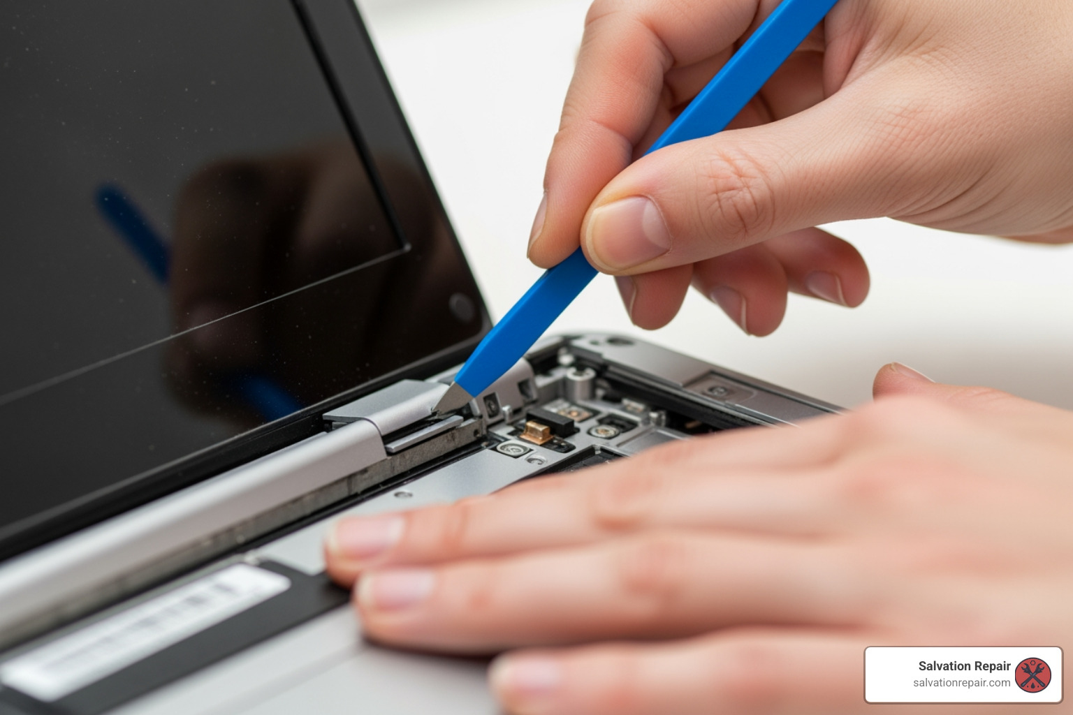 Hands carefully prying off a laptop bezel - HP laptop screen fix