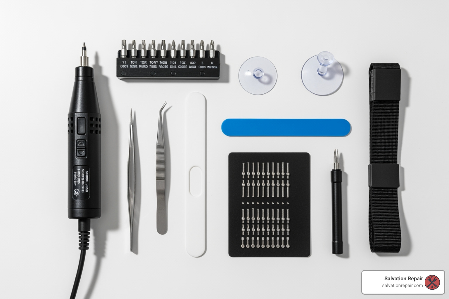 Toolkit for laptop repair laid out on a clean workspace - HP laptop screen fix