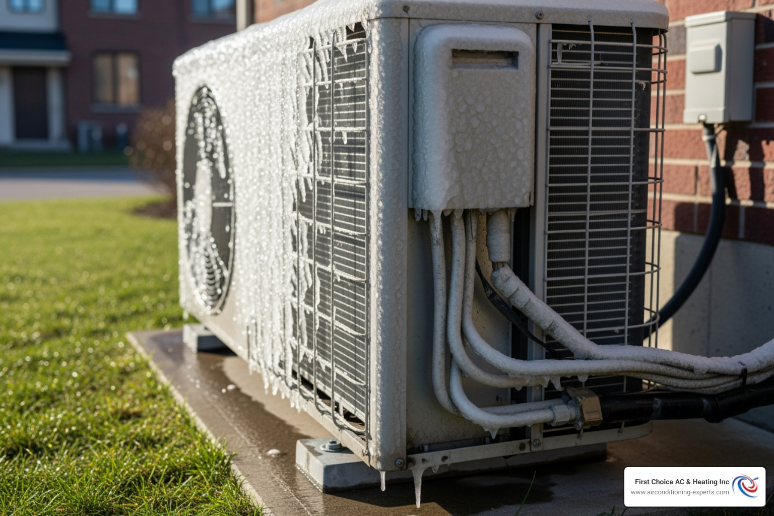 An outdoor AC unit with visible ice buildup on the coils and lines, indicating a system malfunction. - hvac not turning on indio ca An outdoor AC unit with visible ice buildup on the coils and lines, indicating a system malfunction. - hvac not turning on indio ca