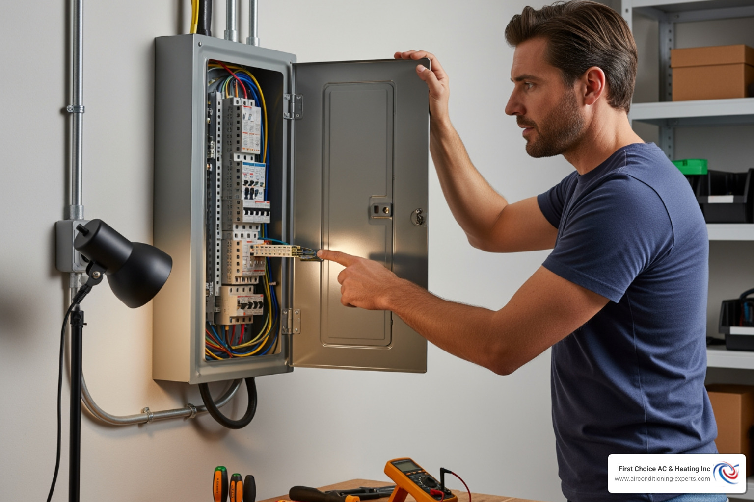 A homeowner opening a home's electrical panel to check the circuit breakers. - hvac not turning on indio ca A homeowner opening a home's electrical panel to check the circuit breakers. - hvac not turning on indio ca