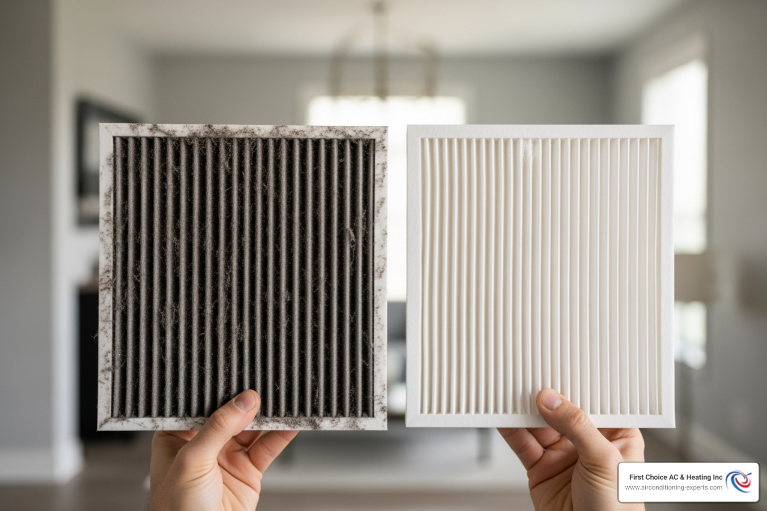 A person holding up a very dirty HVAC air filter next to a new, clean air filter, illustrating the difference. - hvac not turning on indio ca A person holding up a very dirty HVAC air filter next to a new, clean air filter, illustrating the difference. - hvac not turning on indio ca