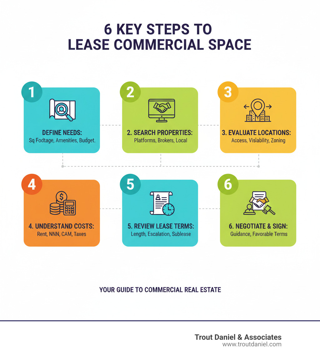Infographic showing the 6 key steps to lease commercial space: 1) Define your business needs including square footage, amenities, and budget; 2) Search for properties using online platforms, brokers, and local connections; 3) Evaluate locations based on accessibility, visibility, foot traffic, and zoning; 4) Understand all costs including base rent, NNN charges, CAM fees, property taxes, and insurance; 5) Review lease terms covering lease length, rent escalation clauses, sublease options, and use restrictions; 6) Negotiate and sign with professional guidance to secure favorable terms and protect your interests - rent commercial space infographic 24c18d603693d6f7c9bfac7eb6f7898474849a15