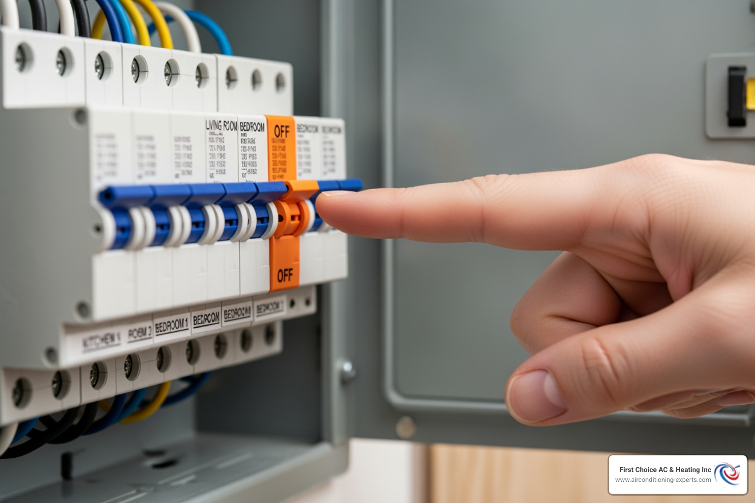 Residential circuit breaker panel with a finger pointing to a tripped breaker - hvac not turning on la quinta ca