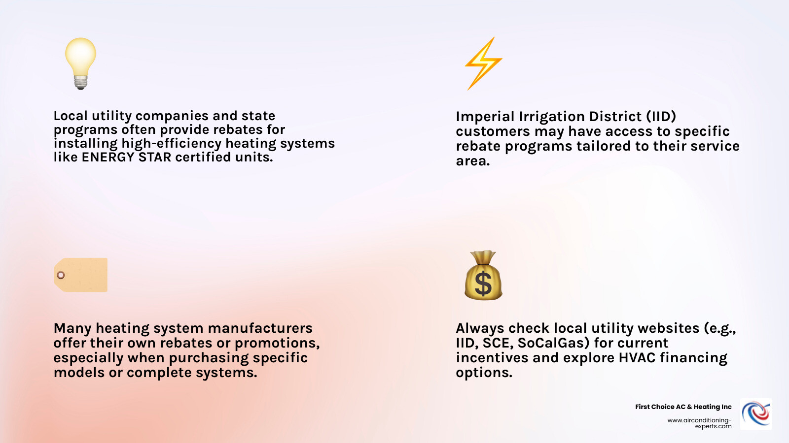 An infographic showcasing various energy efficiency rebates and financing options available for homeowners upgrading their HVAC systems. - heating repair indio ca infographic 4_facts_emoji_light-gradient