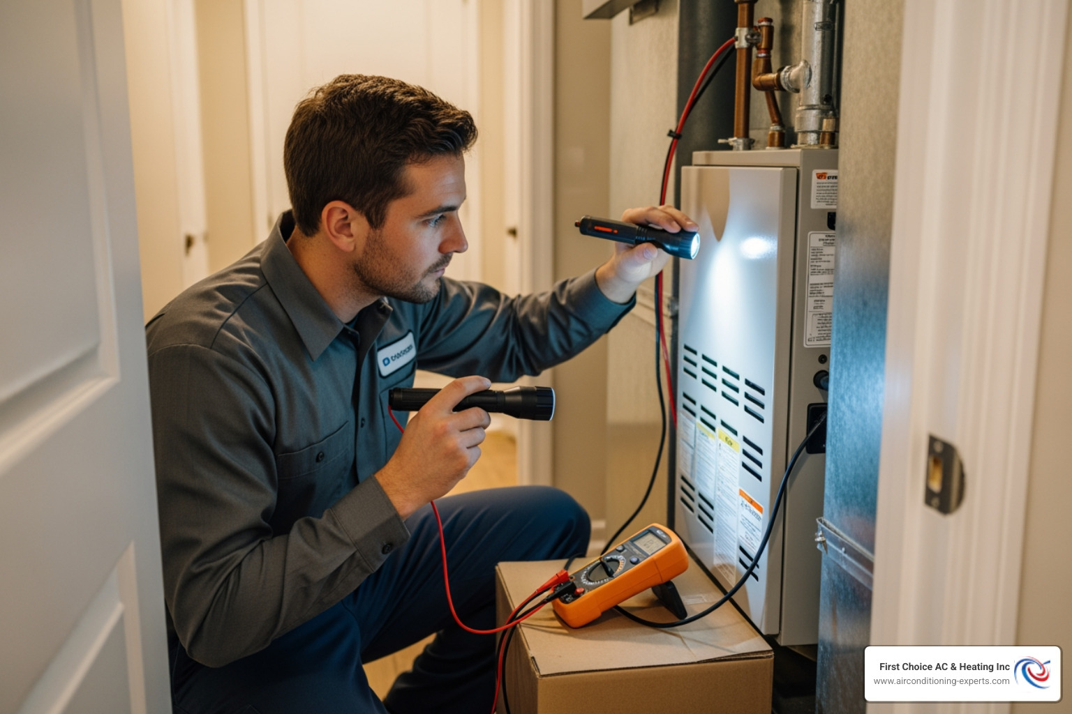 technician inspecting a furnace - heating repair bermuda dunes ca