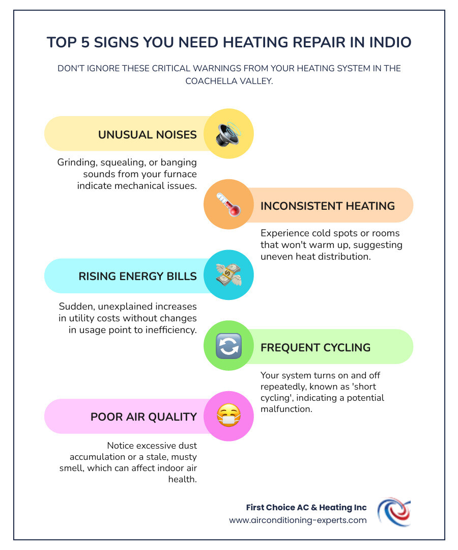 Infographic showing five warning signs your heating system needs professional repair in Indio CA: unusual noises like grinding or squealing, inconsistent heating with cold spots throughout the home, unexplained rising energy bills, frequent on-off cycling of the system, and poor indoor air quality with excessive dust - heating repair indio ca infographic infographic-line-5-steps-colors
