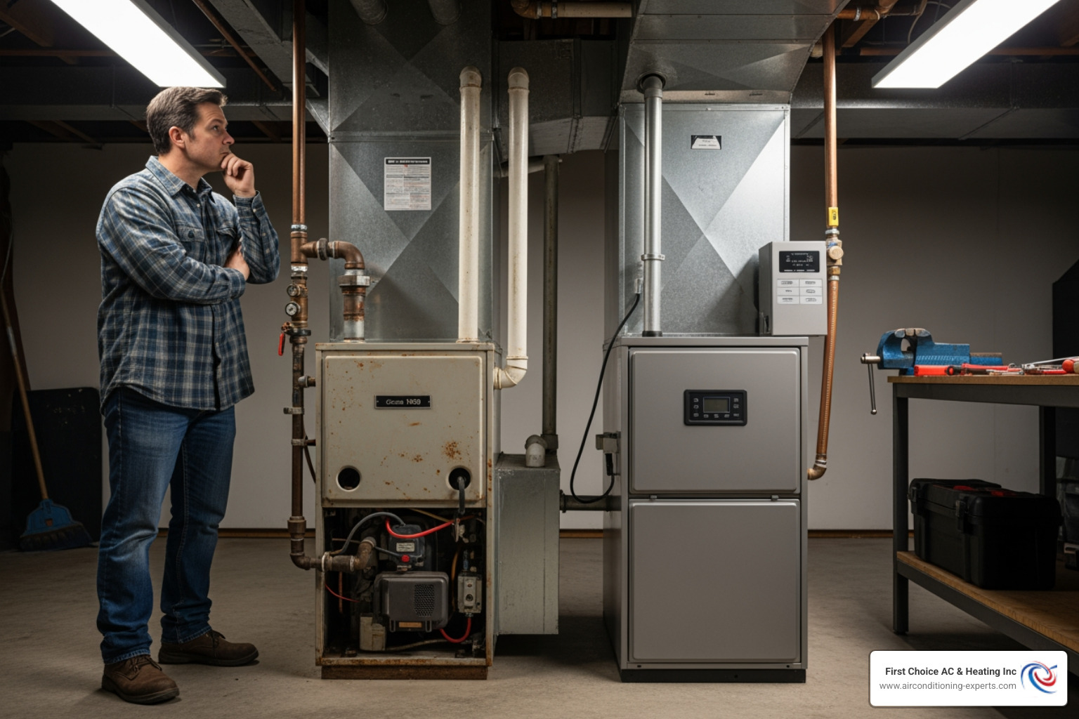 homeowner looking at an old furnace and a new, modern one - heating repair bermuda dunes ca