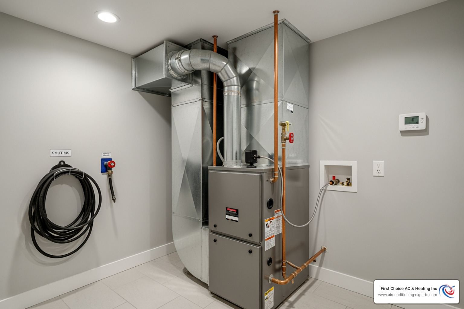 A sleek, modern furnace unit is shown in a clean utility room, representing a new heating system installation. - heating repair indio ca