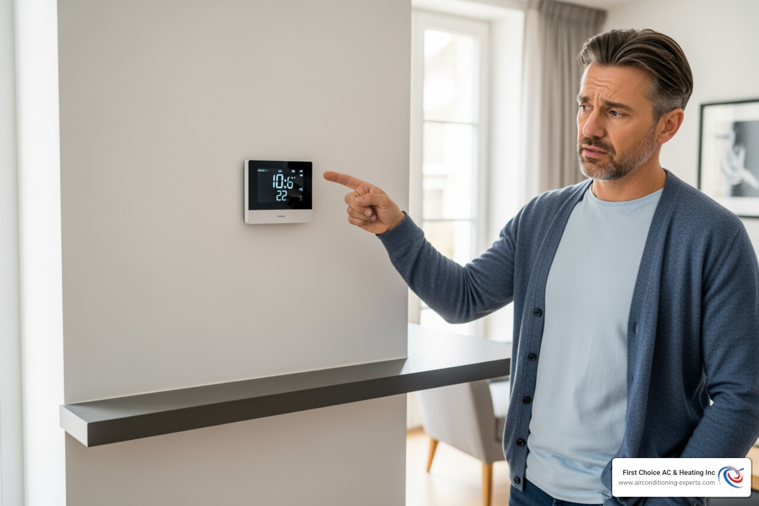A homeowner looking concerned while pointing at a malfunctioning thermostat, indicating a heating issue. - heating repair indio ca