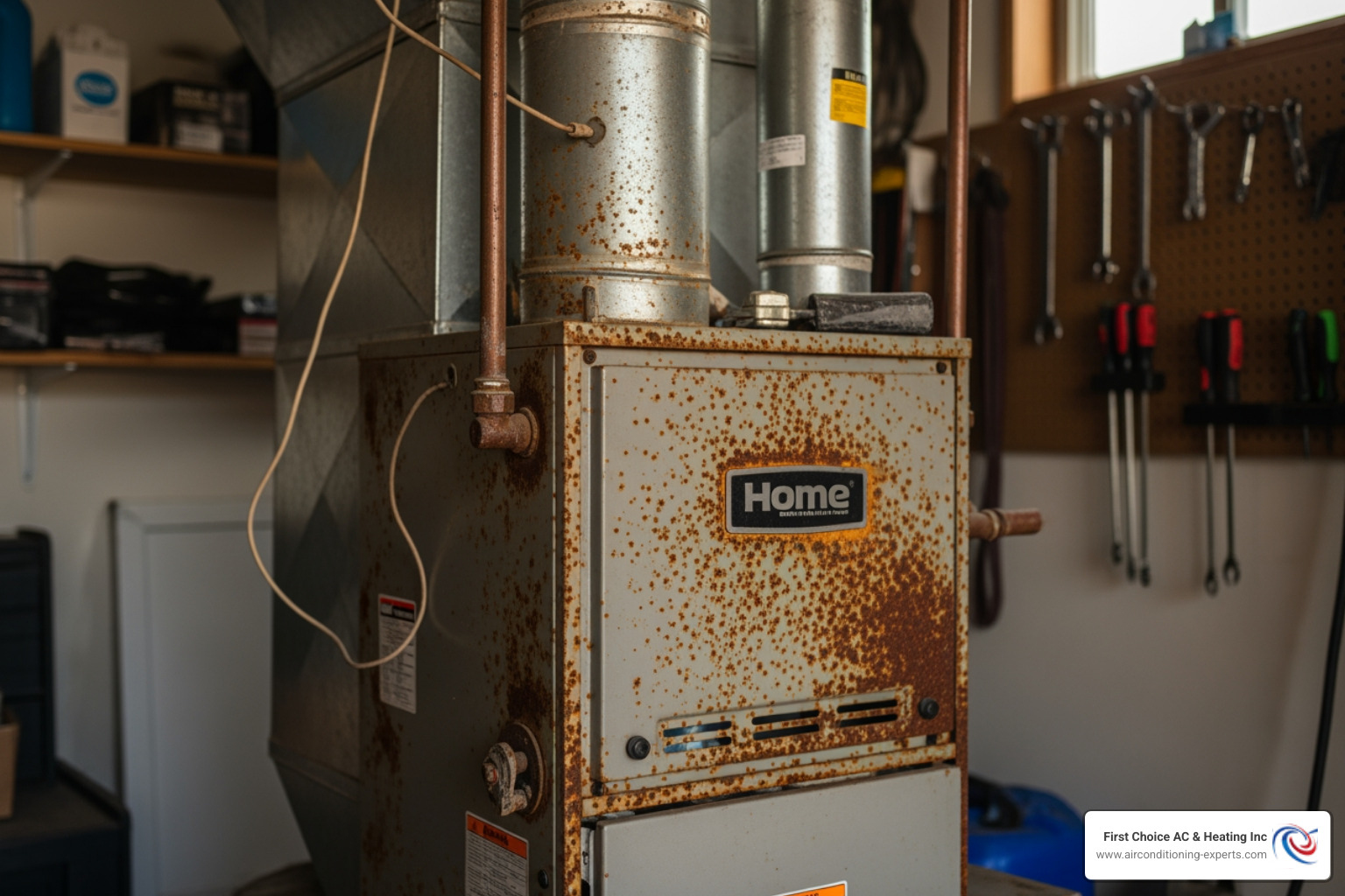 old, rusted furnace unit in a garage - heating installation la quinta ca
