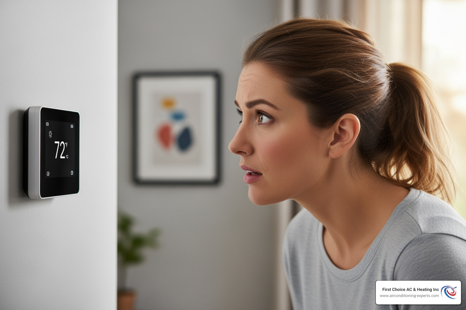 a homeowner looking quizzically at their thermostat - heat pump installation bermuda dunes ca