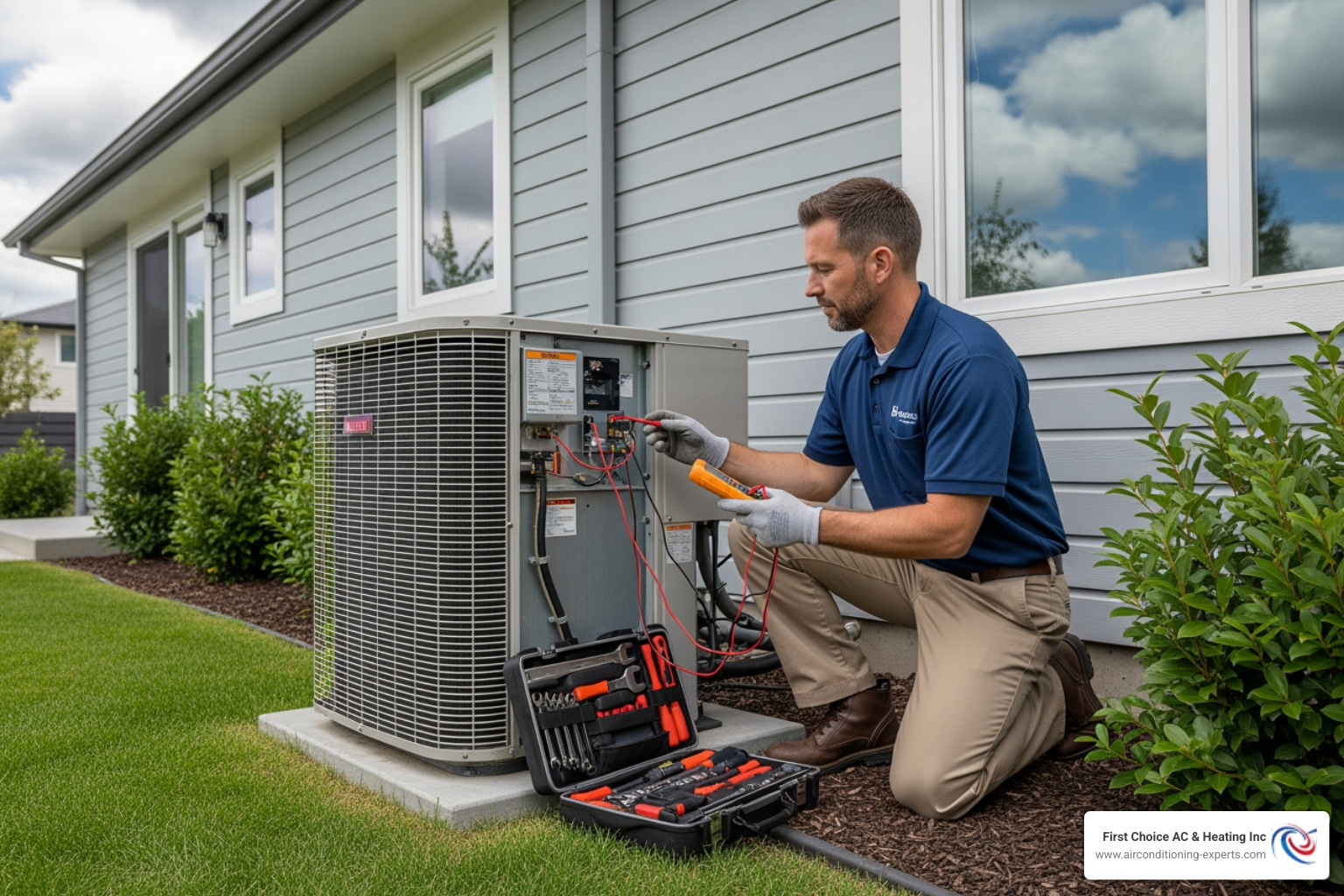 a professional HVAC technician performing maintenance on an outdoor heat pump unit - heat pump installation bermuda dunes ca