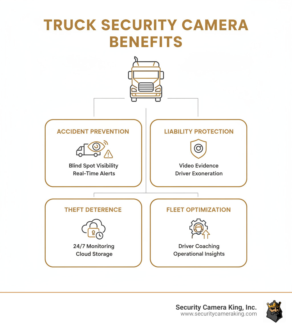 Infographic showing core benefits of truck security cameras: Accident Prevention through blind spot visibility and real-time alerts, Liability Protection with video evidence and driver exoneration, Theft Deterrence with 24/7 monitoring and cloud storage, and Fleet Optimization through driver coaching and operational insights - security cameras for trucks infographic 