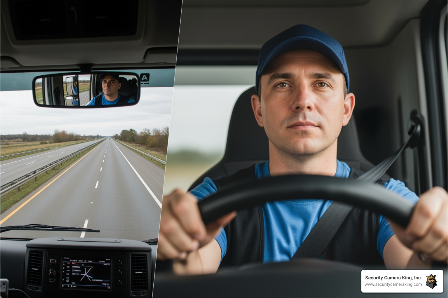 Split-screen showing a clear road ahead from a dash cam and a driver focused on the road - security cameras for trucks