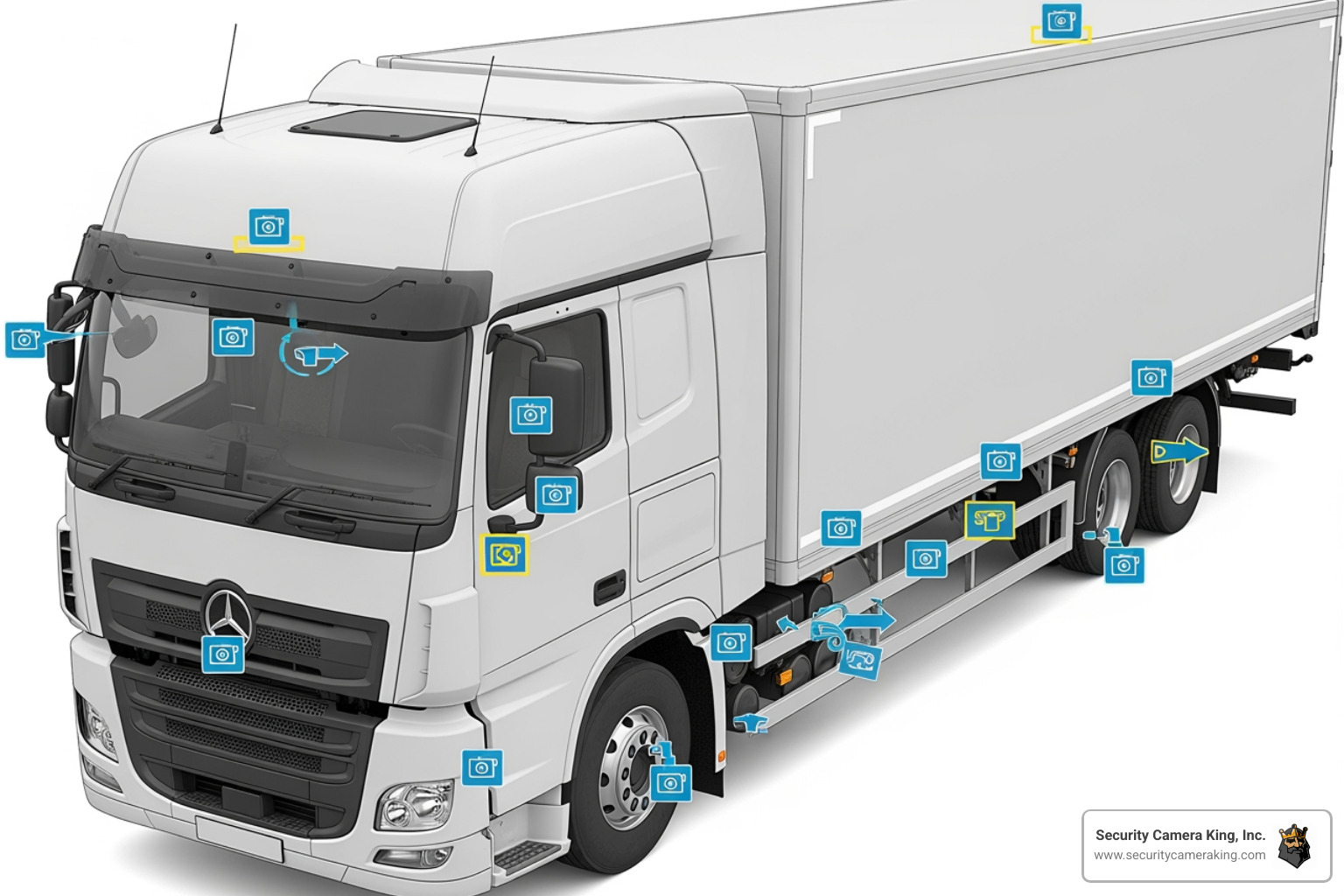 Diagram showing camera placements on a truck for a 360° view - security cameras for trucks