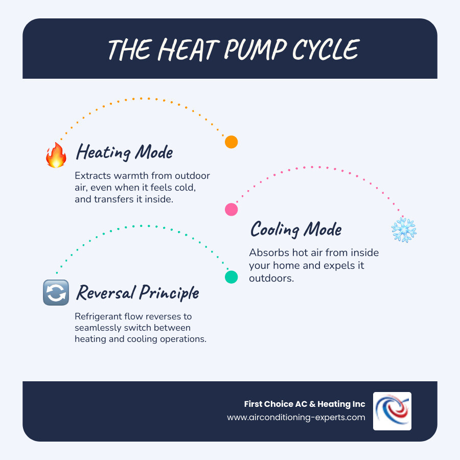 Infographic showing the heat pump cycle: outdoor unit extracts heat from air, compressor increases temperature, indoor unit releases warm air in winter mode; cycle reverses for cooling in summer, with refrigerant flowing through coils to transfer heat between indoor and outdoor environments - heat pump installation indio ca infographic infographic-line-3-steps-blues-accent_colors
