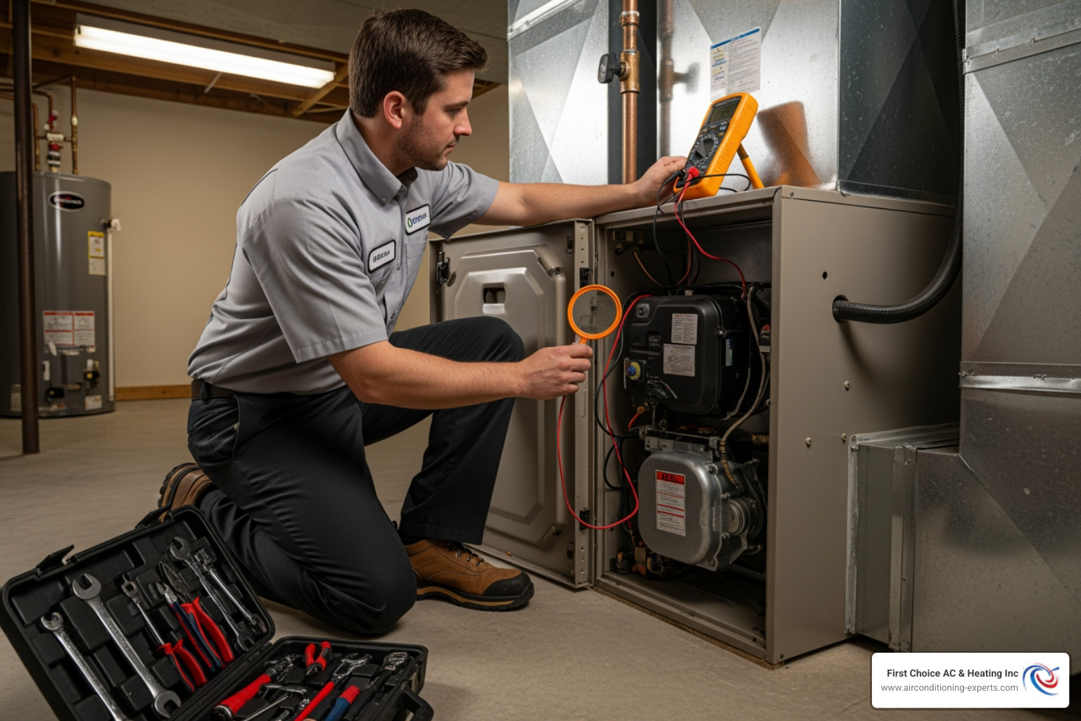 technician inspecting furnace unit - heating repair rancho mirage ca