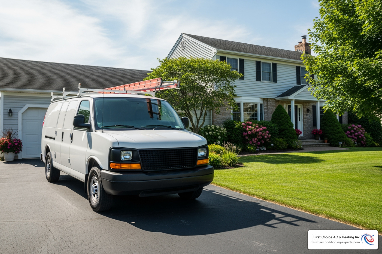 A professional HVAC service van with a company logo, parked in front of a residential home, ready for service - heating repair cathedral city ca