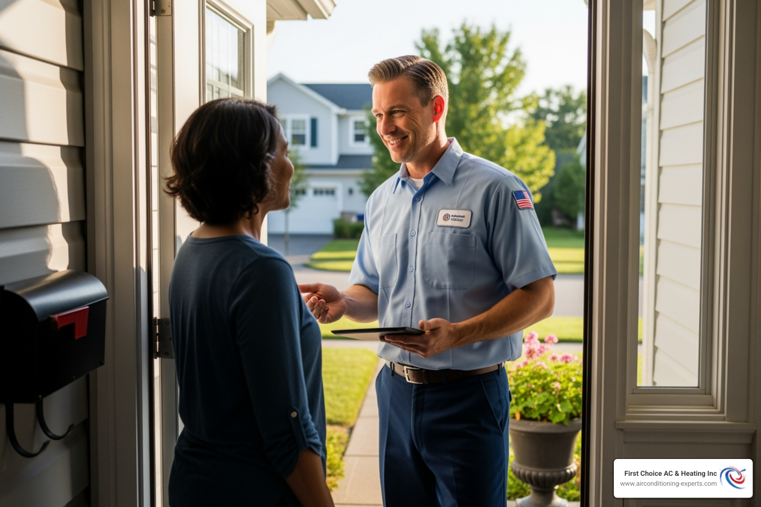 A friendly HVAC technician talking to a homeowner at their front door, building trust and rapport - heating repair cathedral city ca