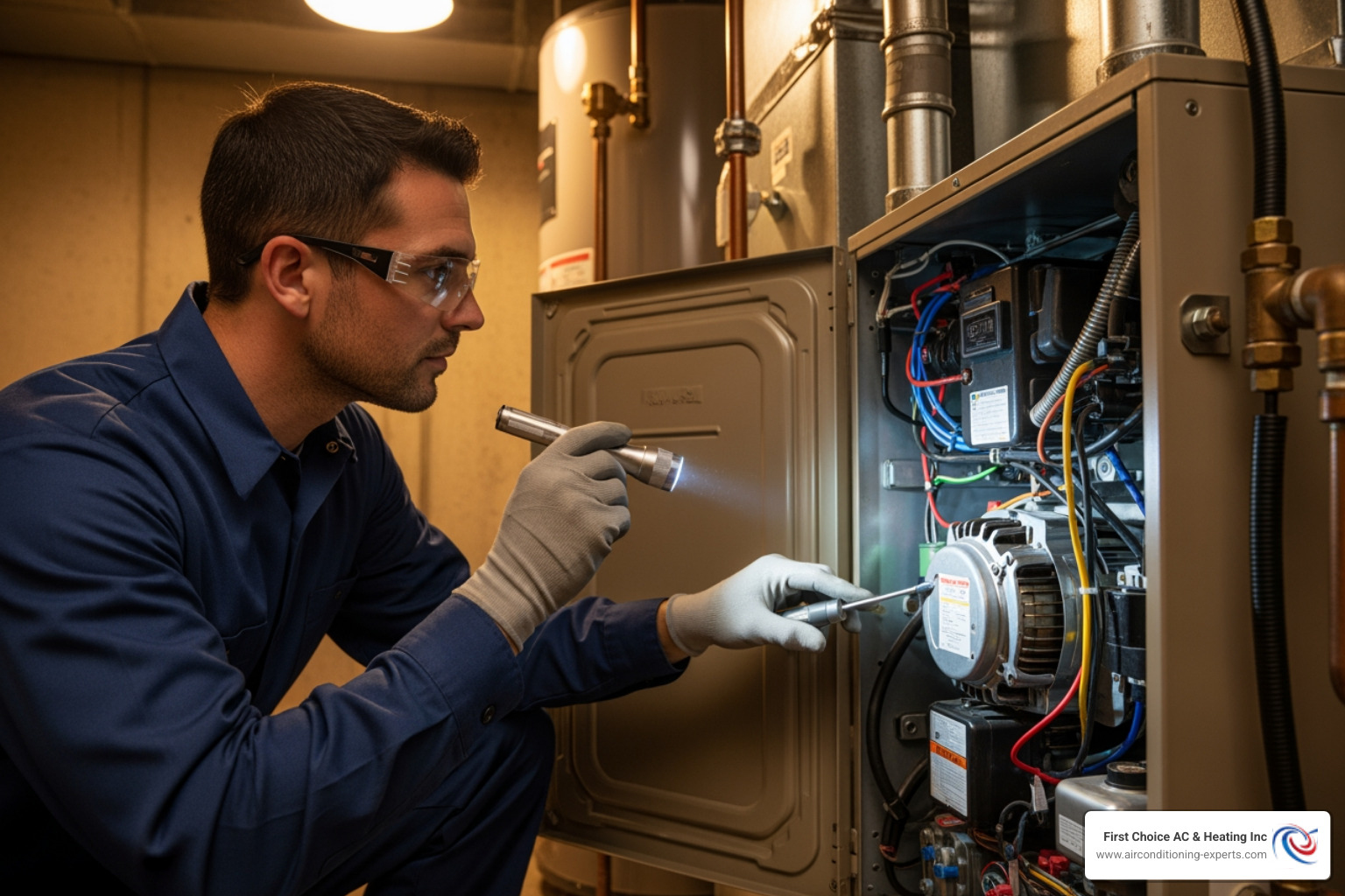 A professional HVAC technician inspecting a furnace unit, highlighting attention to detail and expertise - heating repair cathedral city ca