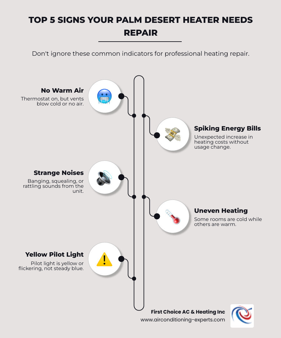 Infographic showing the top 5 signs your Palm Desert heating system needs professional repair: 1) Thermostat shows heat is on but no warm air comes from vents, 2) Energy bills spike unexpectedly during winter months, 3) Strange noises like banging, squealing, or rattling from the unit, 4) Uneven heating with some rooms significantly colder than others, 5) Yellow or flickering pilot light instead of steady blue flame - heating repair palm desert ca infographic infographic-line-5-steps-elegant_beige