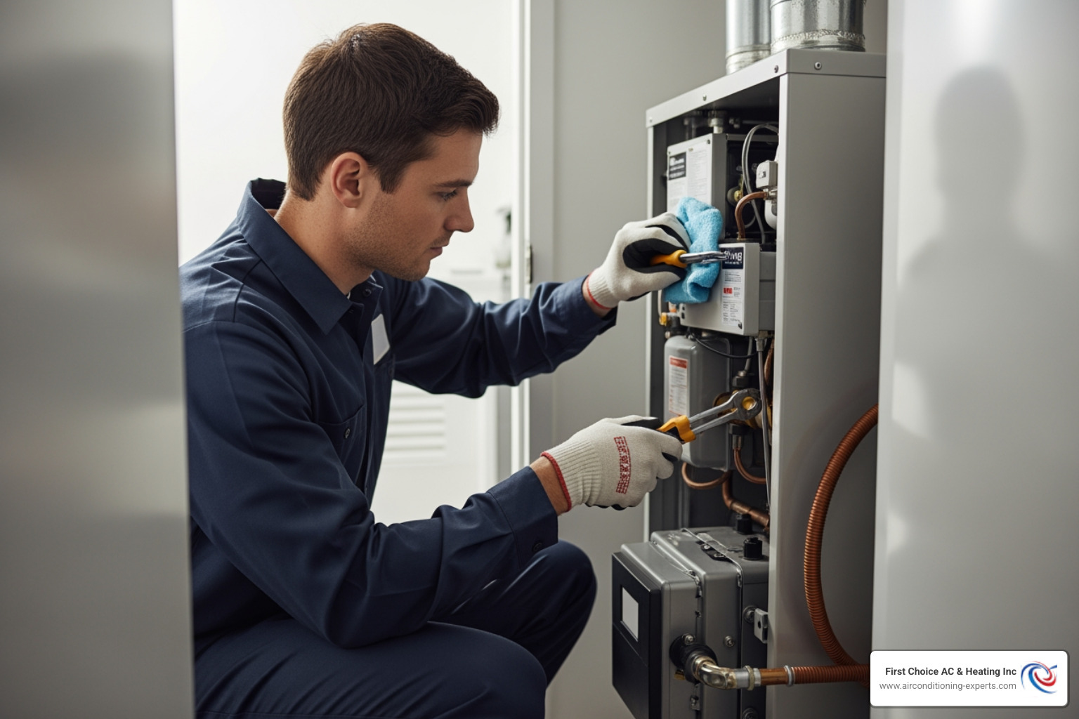 A technician performing a thorough heating system tune-up, checking components and cleaning the unit. - heating repair palm desert ca
