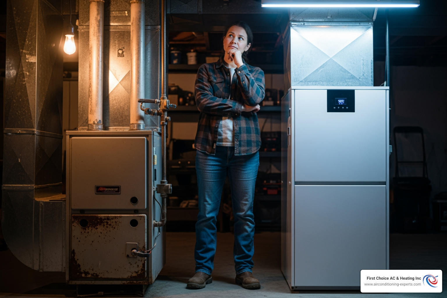A homeowner looking thoughtfully at an old, worn-out furnace on one side and a sleek, new, energy-efficient furnace on the other, symbolizing the repair versus replacement decision. - heating repair palm desert ca
