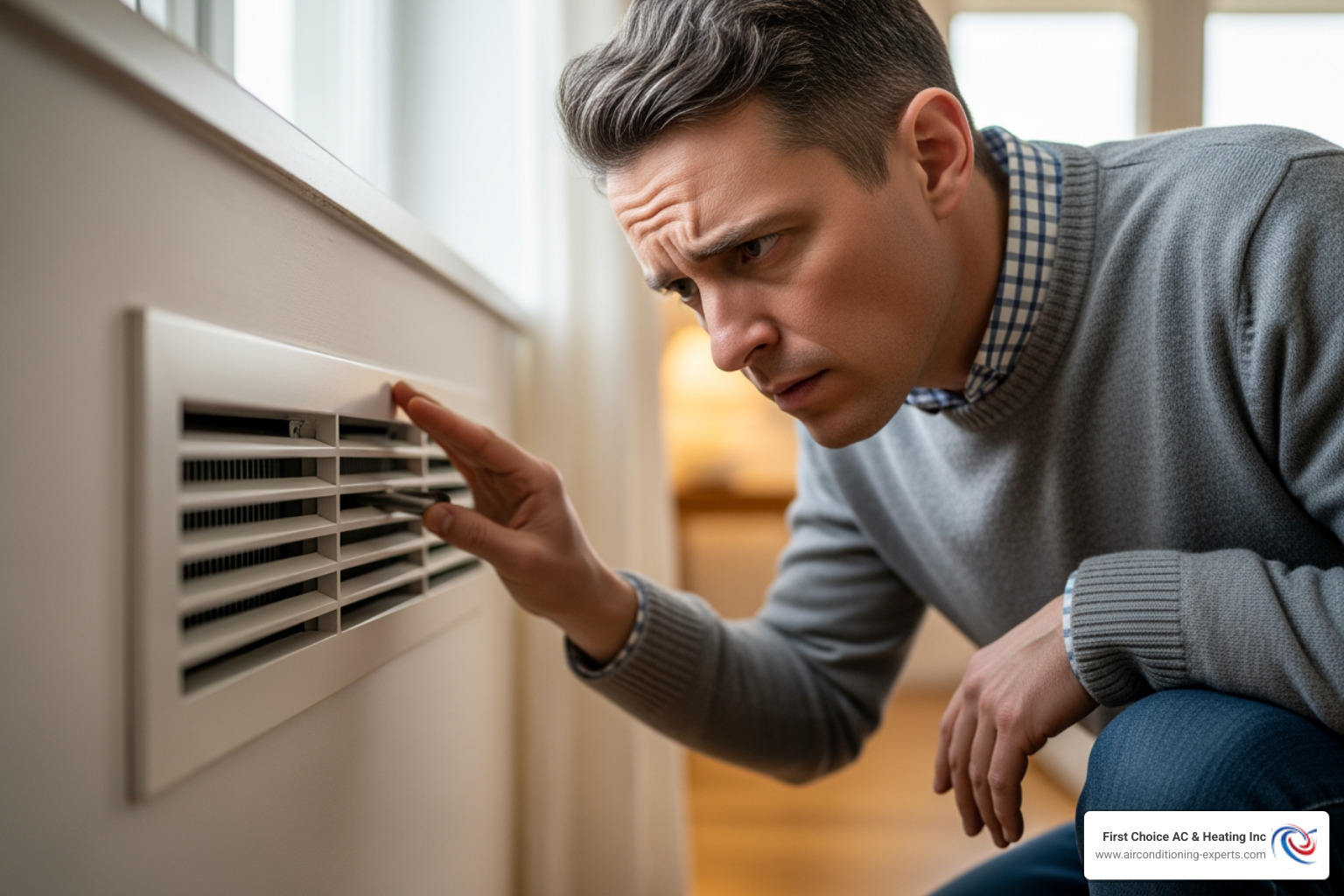 A person looking concerned at their heating vent, indicating a problem with the system. - heating repair palm desert ca