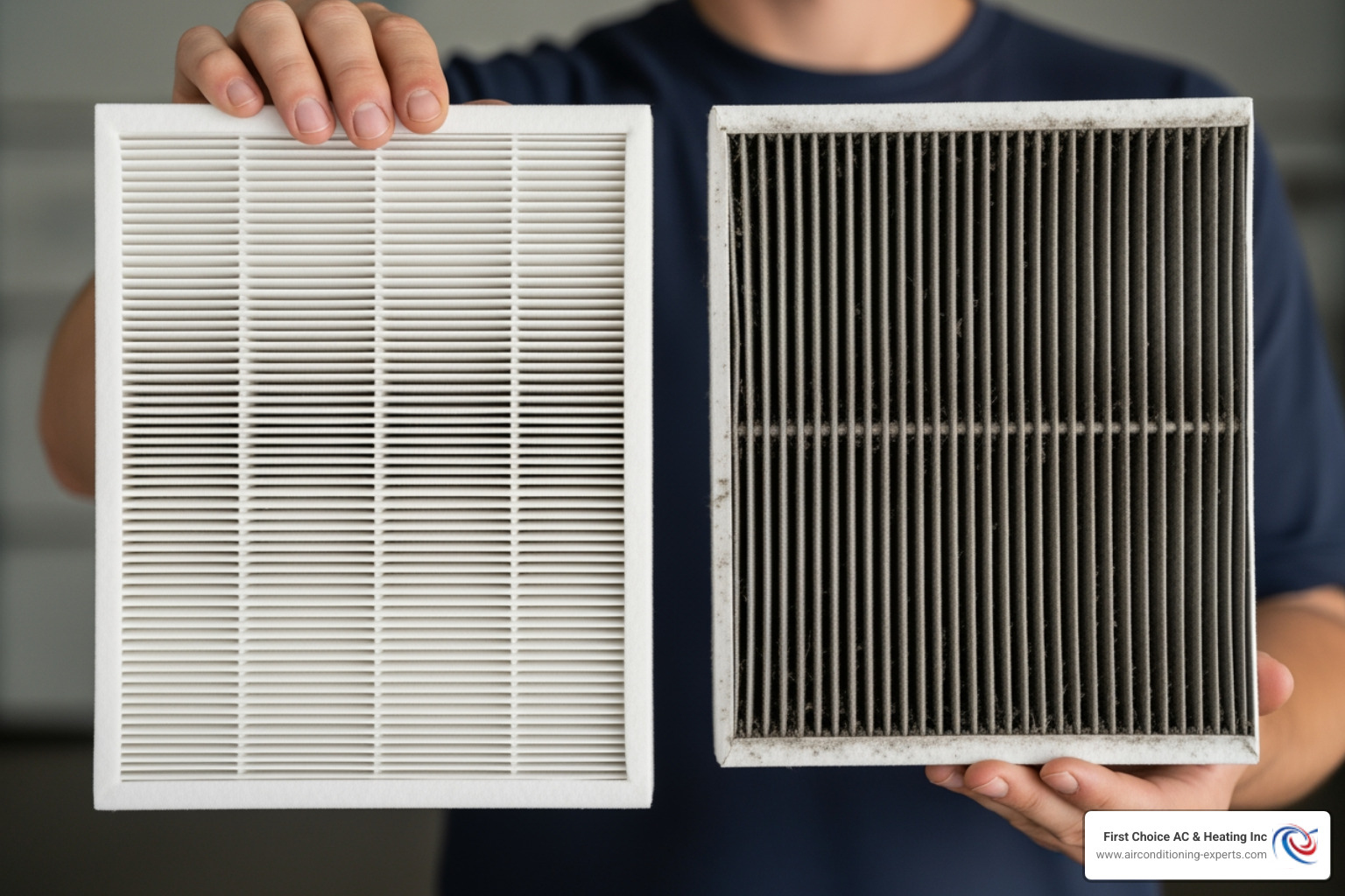 A person holding up a clean new air filter next to a dirty one - hvac not turning on bermuda dunes ca A person holding up a clean new air filter next to a dirty one - hvac not turning on bermuda dunes ca