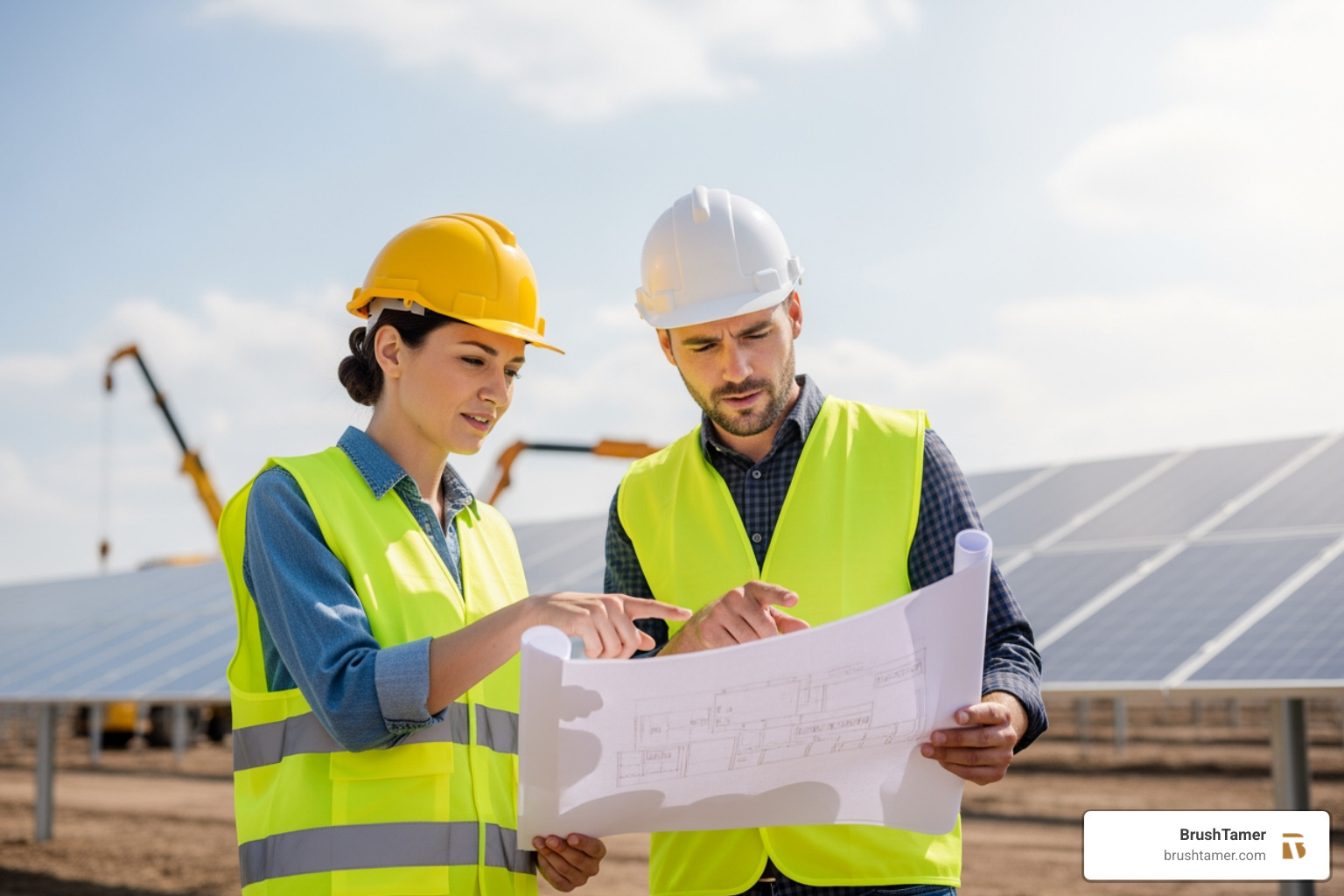 Project manager reviewing blueprints on a solar farm site, emphasizing problem-solving and strategic thinking - solar farm preparation