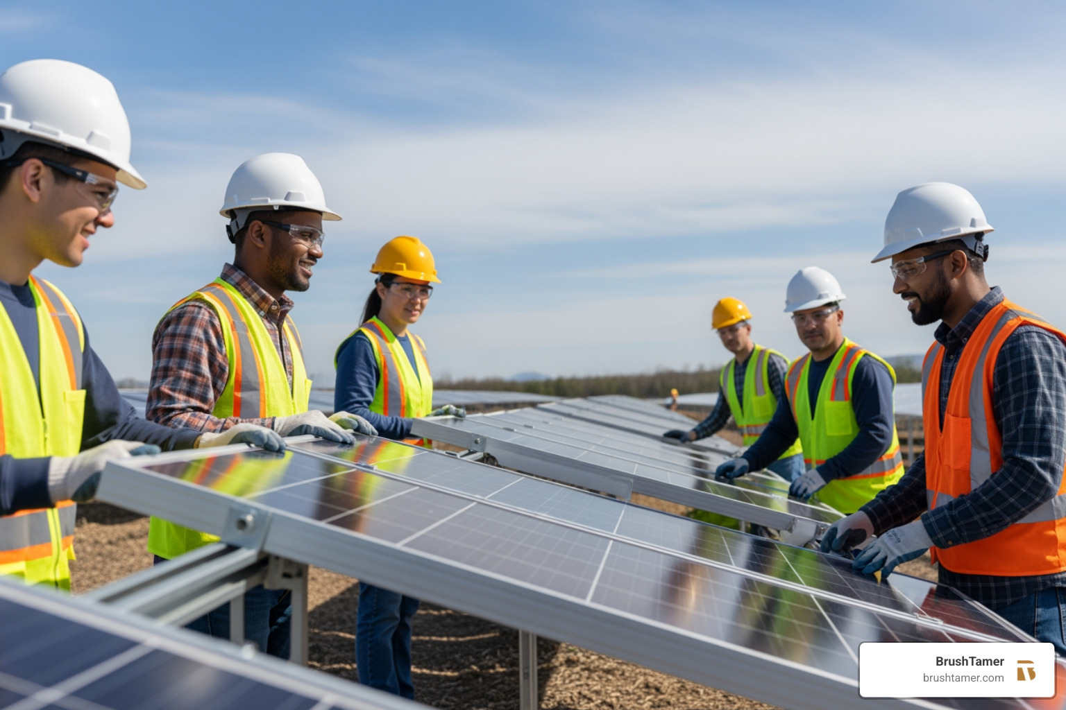 Workers installing solar panels onto a racking system, showcasing teamwork and precision - solar farm preparation