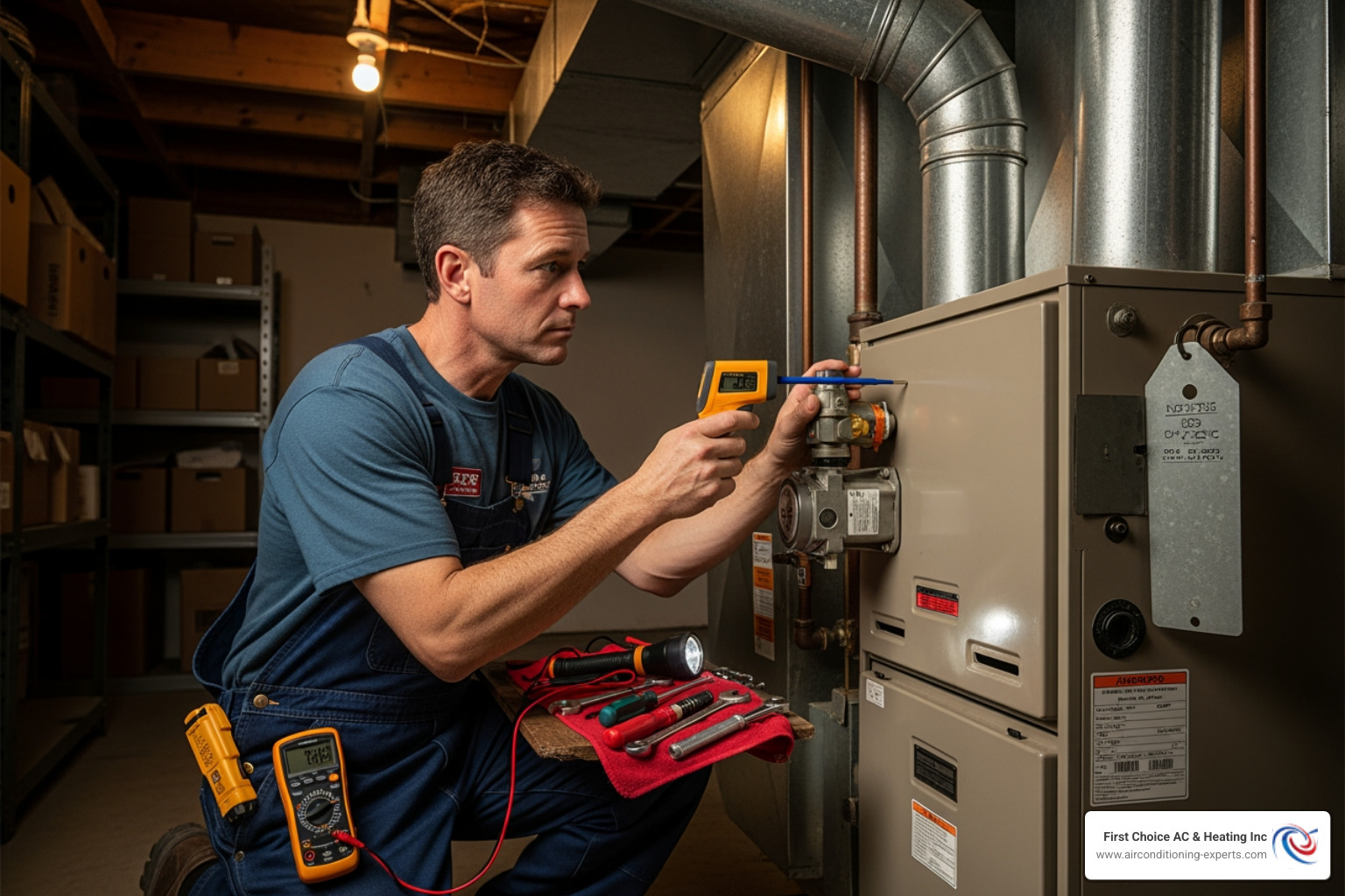 Technician inspecting an older furnace unit - heating repair la quinta ca