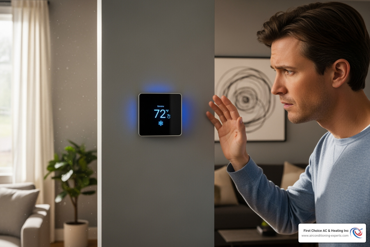 Homeowner looking quizzically at a thermostat - heating repair la quinta ca