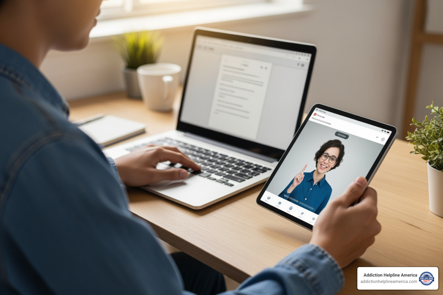 A person balancing work on a laptop with a therapy session on a tablet - outpatient drug rehab A person balancing work on a laptop with a therapy session on a tablet - outpatient drug rehab