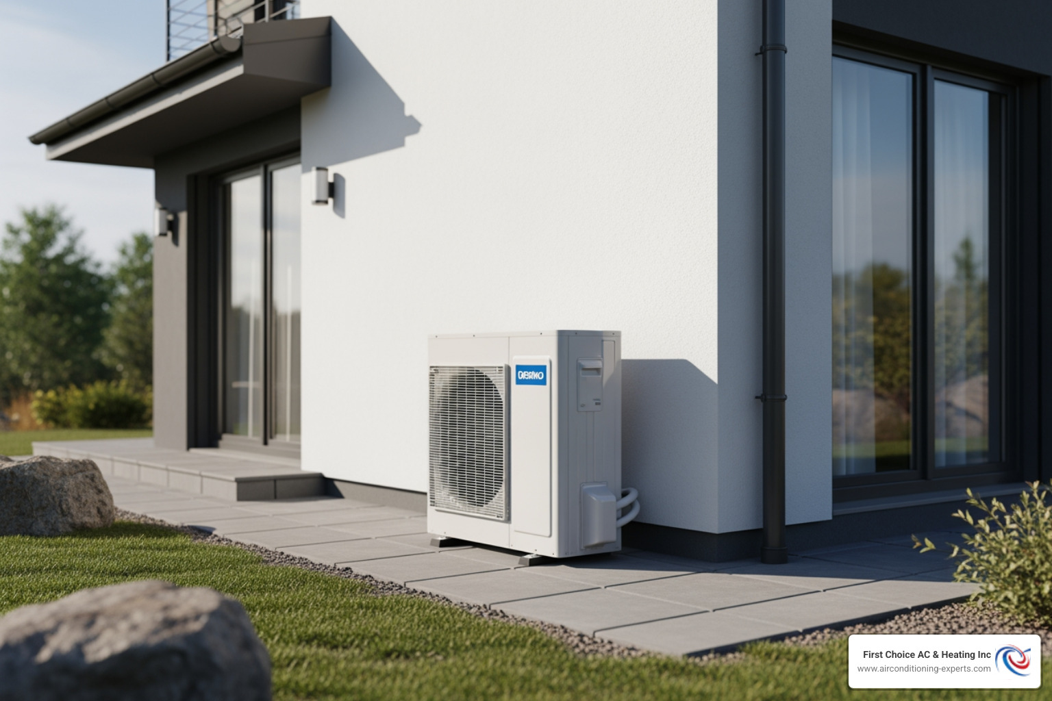 Image of a sleek, modern outdoor heat pump unit next to a home - heating installation indio ca Image of a sleek, modern outdoor heat pump unit next to a home - heating installation indio ca