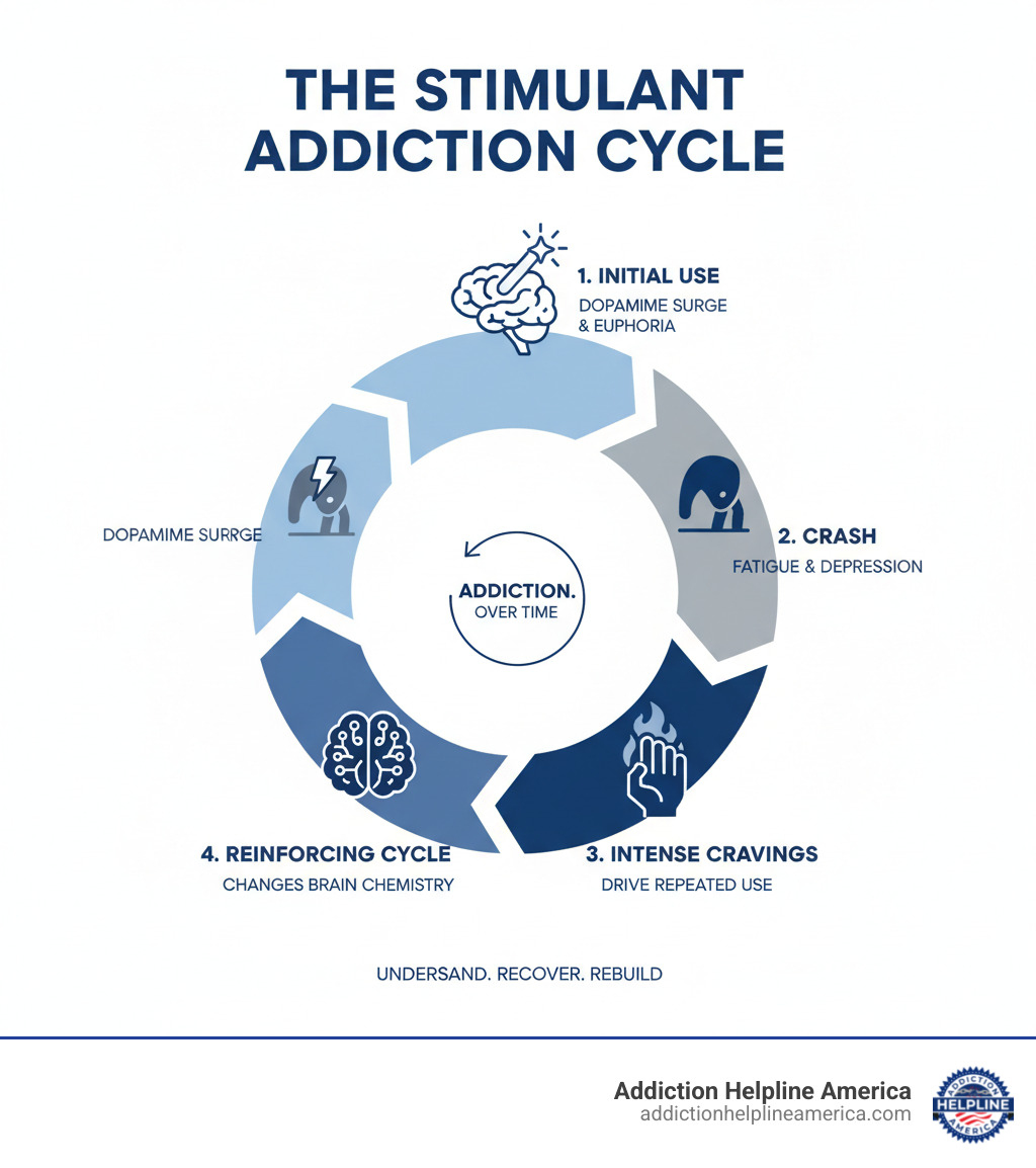 Infographic showing the cycle of stimulant addiction: initial use leading to dopamine surge and euphoria, followed by crash with fatigue and depression, then intense cravings that drive repeated use, creating a reinforcing cycle that changes brain chemistry over time - stimulant addiction treatment infographic Infographic showing the cycle of stimulant addiction: initial use leading to dopamine surge and euphoria, followed by crash with fatigue and depression, then intense cravings that drive repeated use, creating a reinforcing cycle that changes brain chemistry over time - stimulant addiction treatment infographic